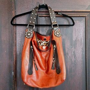 Maurizio Taiuti Caramel Brown Shoulder Bag Metal Studs Tassels Leopard Lining